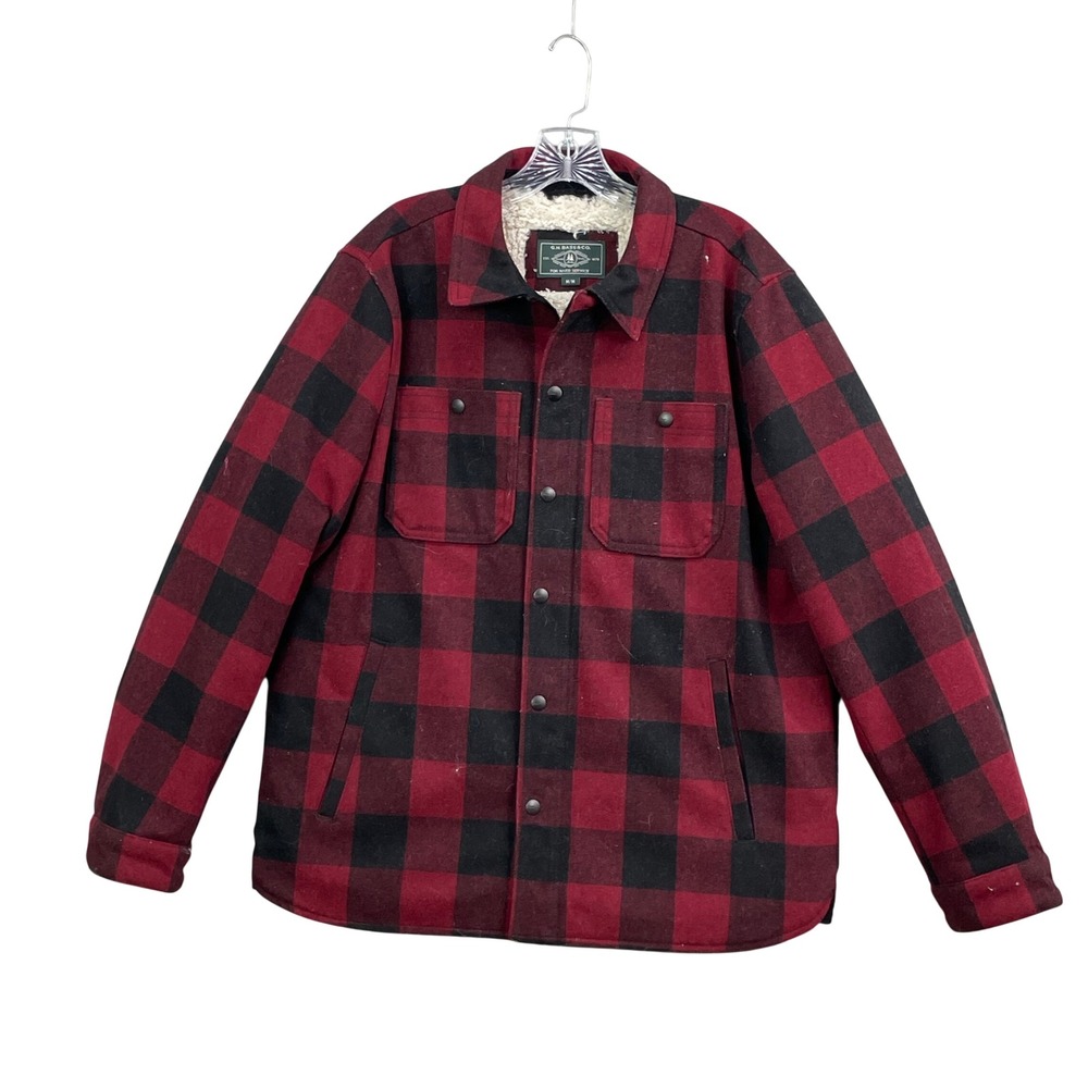 G.H. Bass Shirt Jacket Men Medium Red Buffalo Plaid Sherpa Lined Wool Blend Snap